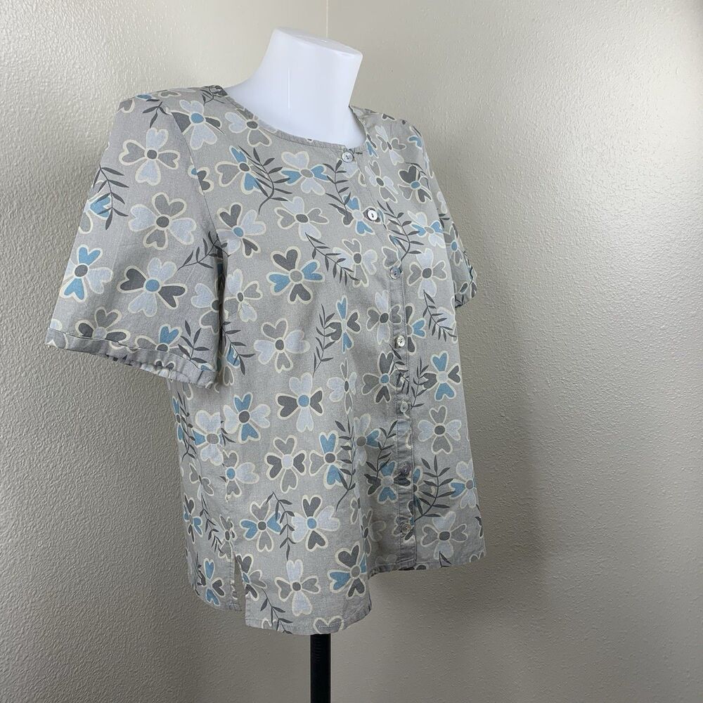 Gudrun Sjoden Top Blouse Sz S Organic Cotton Floral Gray Blue Whimsy Buttons